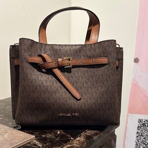 NWT Michael Kors Emilia Dark Brown Satchel with Tan Accents